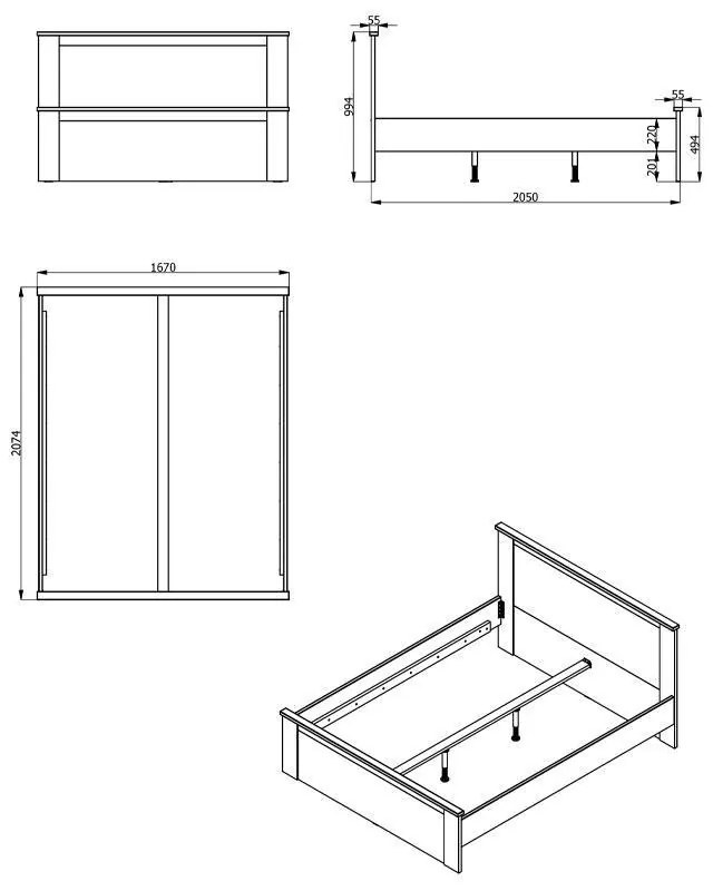 Ξύλινο Κρεβάτι Kent BK 160 Γκρί Δρύς - Λευκό Δρύς 160x200 εκ. 167x208x100 εκ.