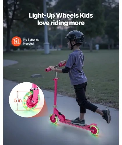 VEVOR Kick Scooter for Kids Ages 3+, 2-Wheel Toddler Scooter with Light-Up Wheels, Adjustable Height Handlebar, Wide Anti-Slip Deck, Foldable Lightweight Frame for Boys and Girls up to 49.9 kg, Pink