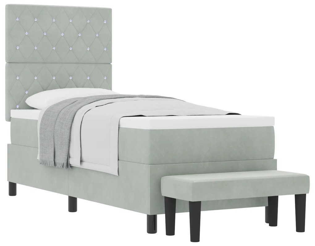 vidaXL Κρεβάτι Box Spring με Στρώμα & Παγκάκι Ανοιχτό Γκρι 80x200 εκ Βελούδο