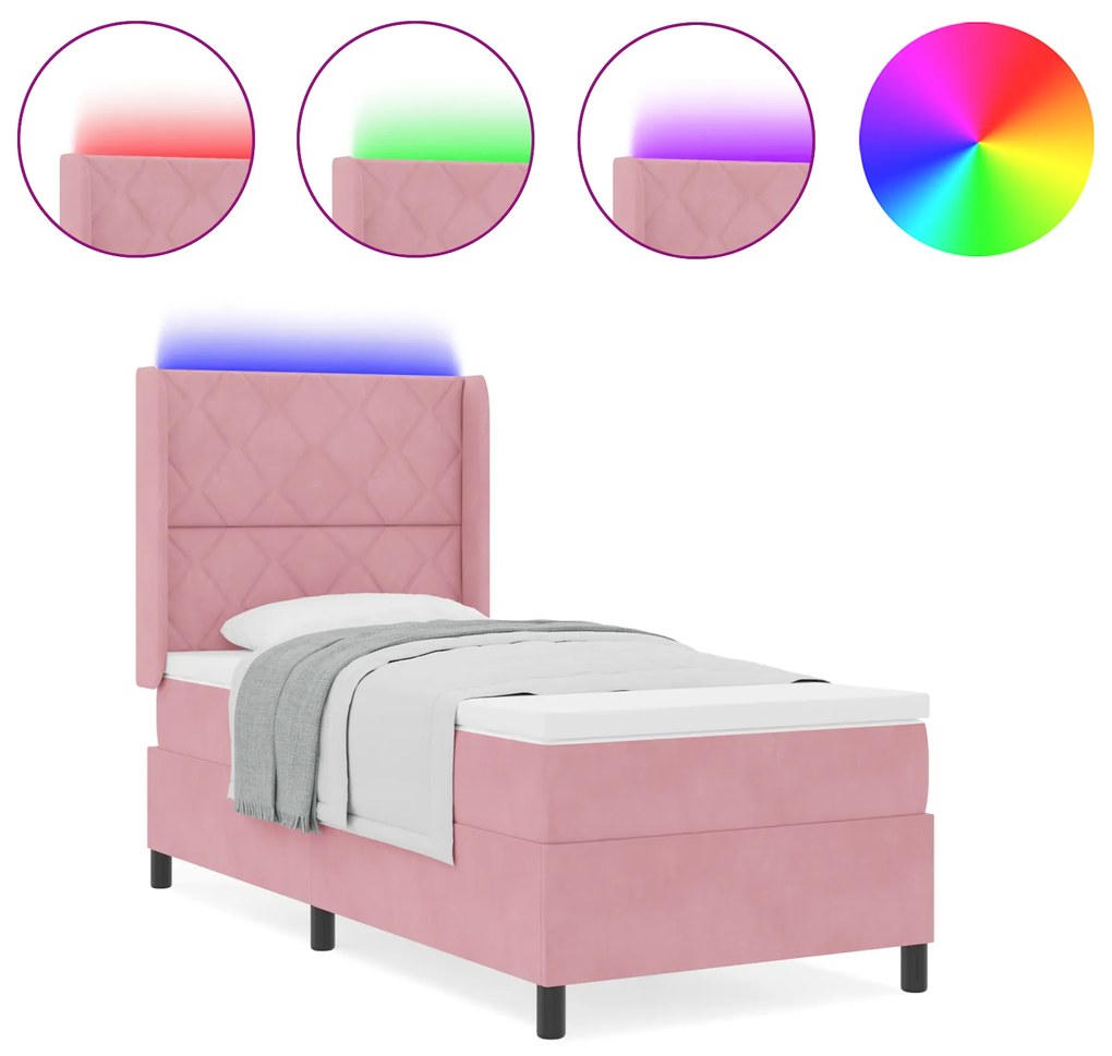 vidaXL Κρεβάτι με Στρώμα και LED Ροζ 90x190 εκ Βελούδο