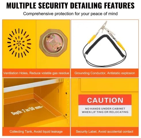 VEVOR Flammable Safety Cabinet, 45 Gal, Cold-Rolled Steel Flammable Liquid Storage Cabinet, 42.9 x 18.1 x 65.2 in Explosion Proof with 2 Adjustable Shelves 2 Manual Doors for Industrial Use, Yellow