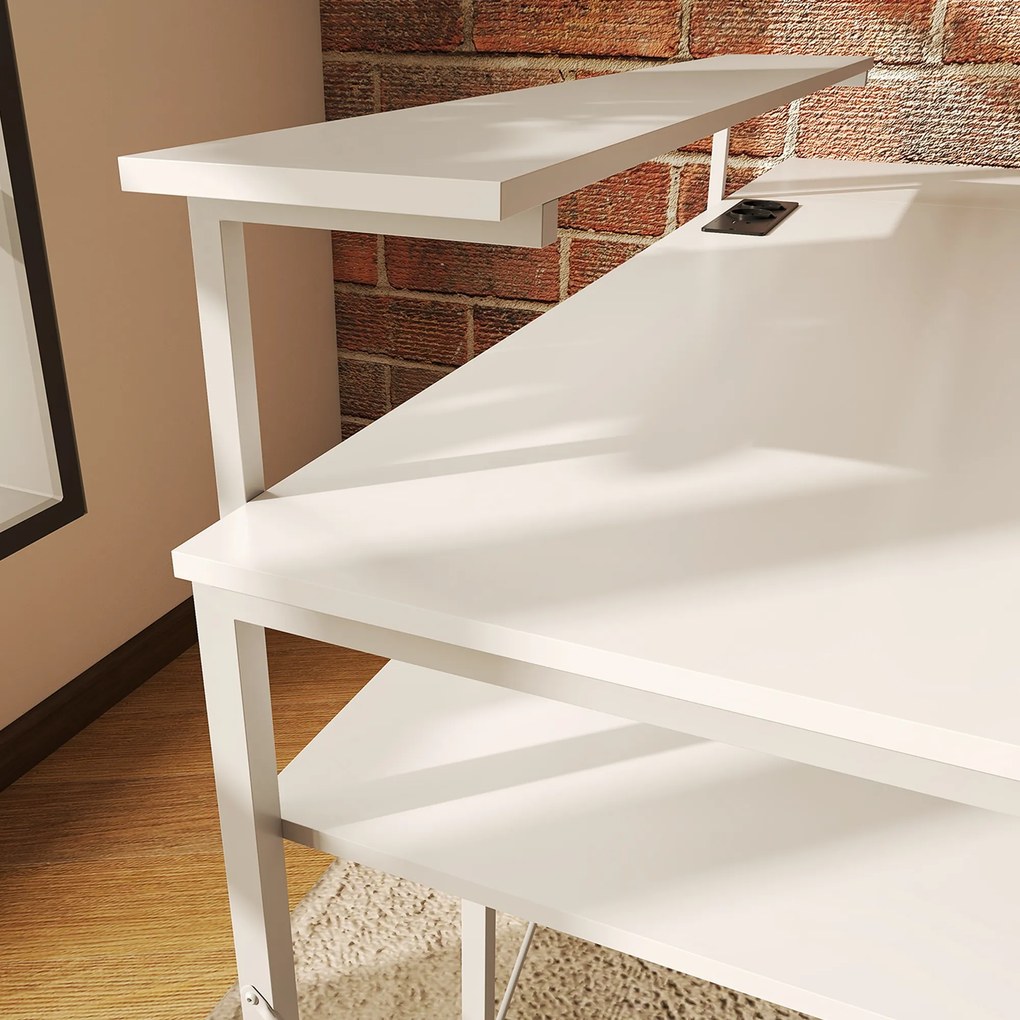 HOMCOM Γραφείο σε σχήμα L με σταθμό φόρτισης, γωνιακό γραφείο υπολογιστή με βάση οθόνης και ράφια, για οικιακό γραφείο, γραφείο, Λευκό