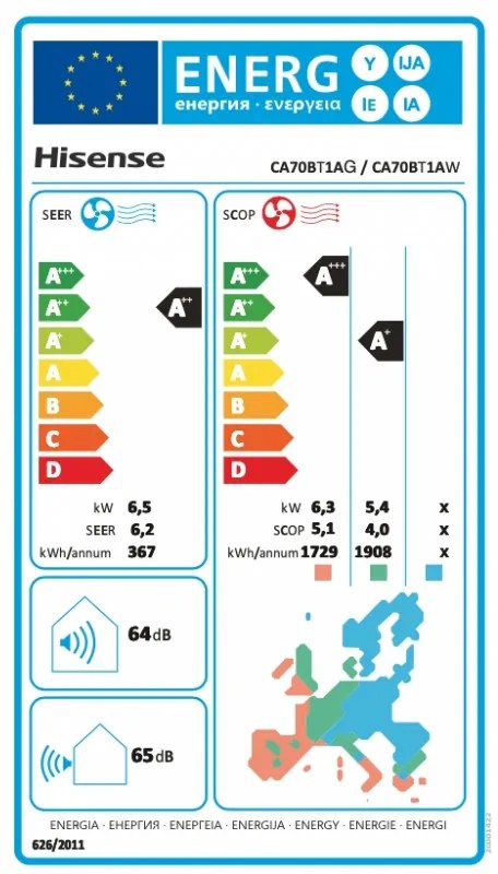 Κλιματιστικό Inverter Hisense Easy Smart CA70BT1A, 24000 BTU, 48 m2, A++, Αθόρυβη λειτουργία, FreezeProtect έως -15°C, Λευκό