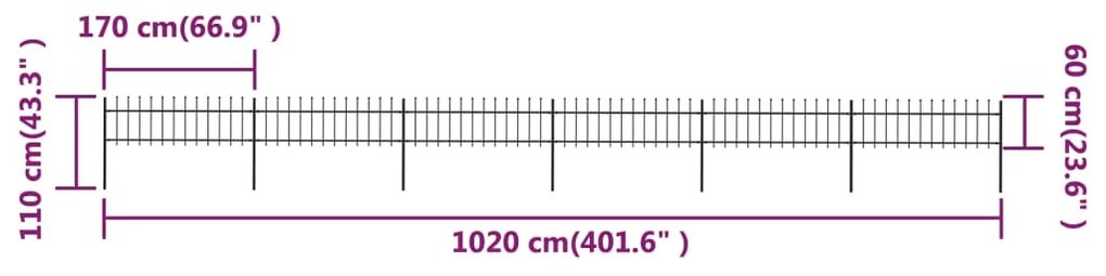 vidaXL Κάγκελα Περίφραξης με Λόγχες Μαύρα 10,2 x 0,6 μ. από Χάλυβα