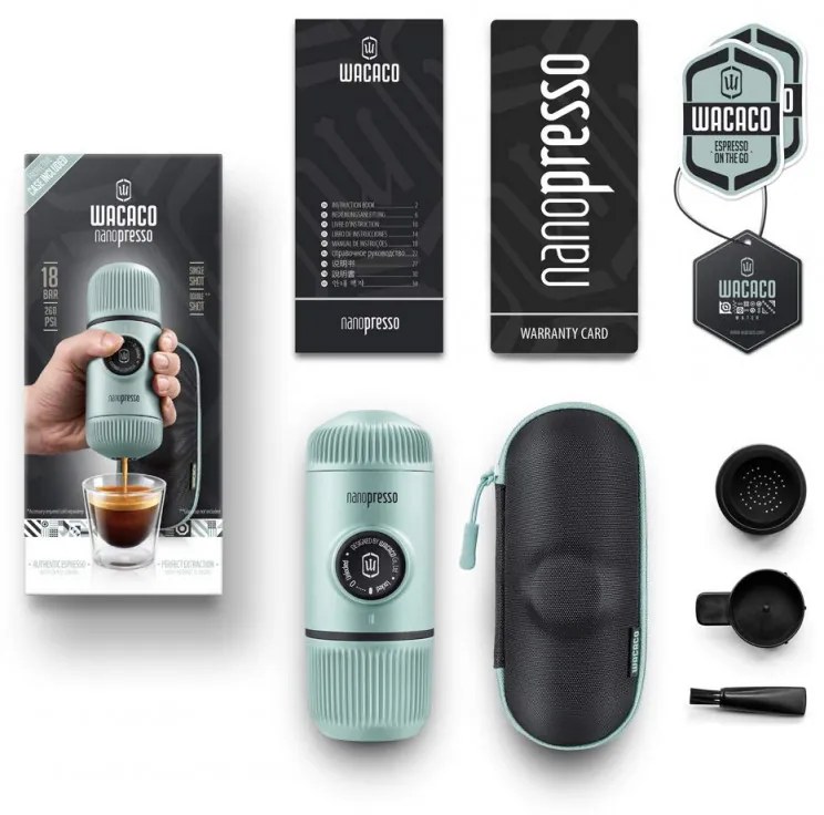 Φορητή μηχανή εσπρέσο Wacaco Nanopresso Arctic Blue, 18bar, 80 ml, Για αλεσμένο καφέ, Χωρίς φόρτιση και μπαταρίες, Θήκη, Μπλε Arctic