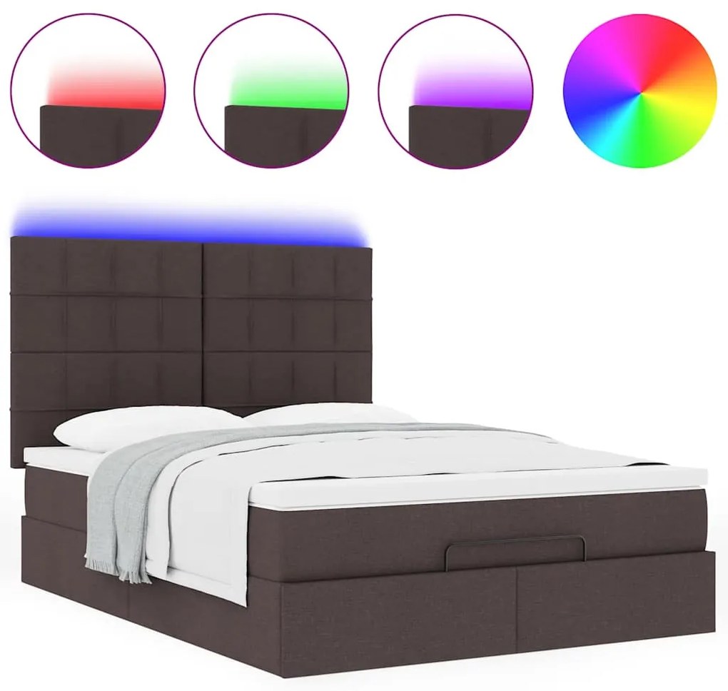 vidaXL Οθωμανικό κρεβάτι με στρώμα & LEDs Σκούρο καφέ 140x200cm ύφασμα