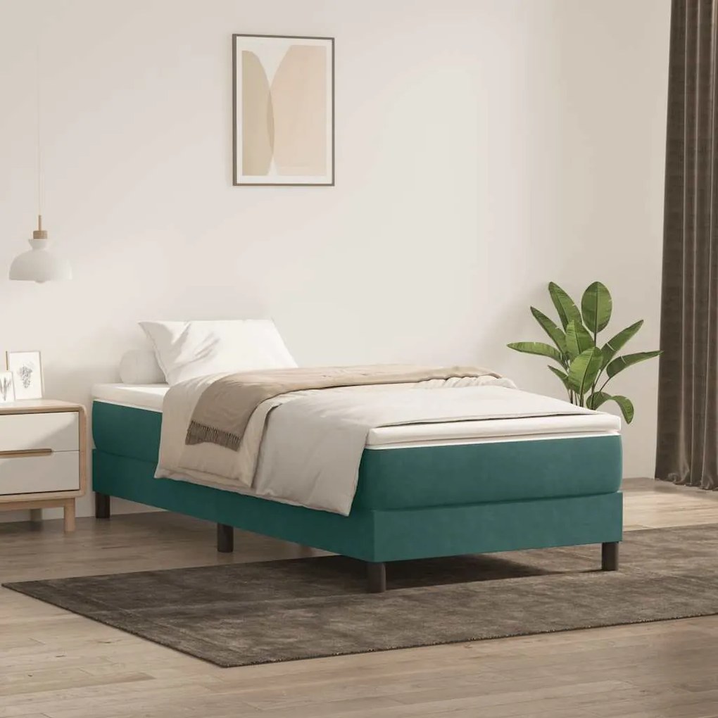 vidaXL Κρεβάτι Boxspring με Στρώμα Σκούρο Πράσινο 100x210εκ. Βελούδινο