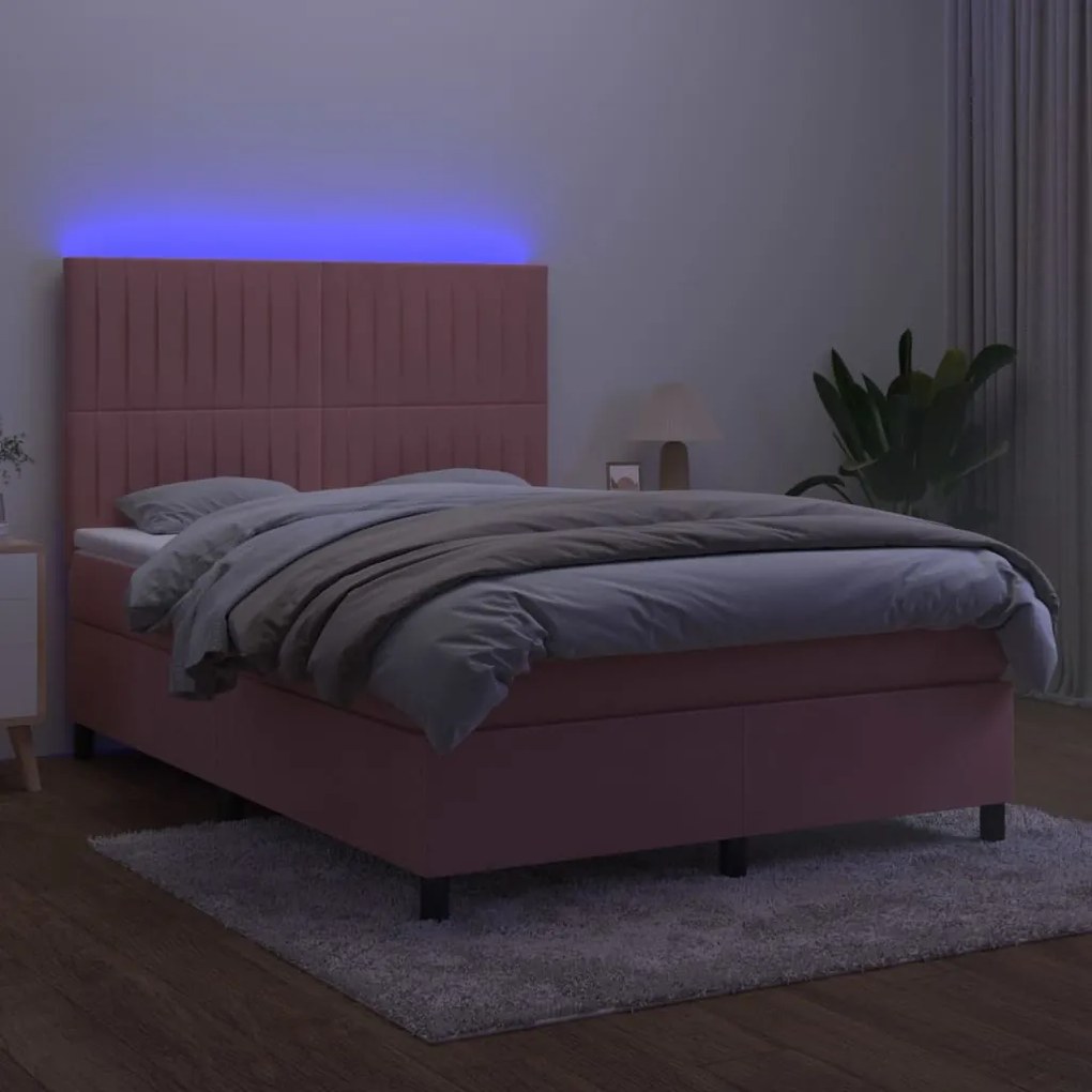 vidaXL Κρεβάτι Boxspring με Στρώμα & LED Ροζ 140x190 εκ. Βελούδινο