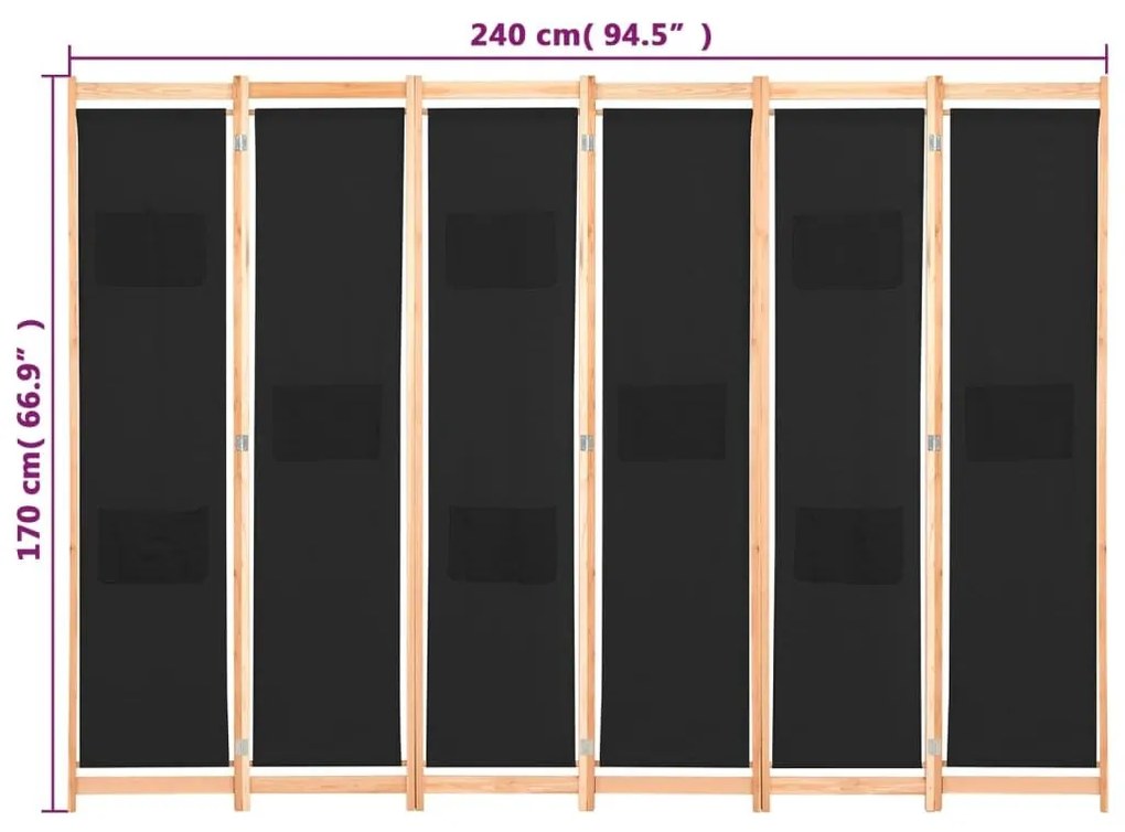 Διαχωριστικό Δωματίου με 6 Πάνελ Μαύρο 240x170x4 εκ. Υφασμάτινο - Μαύρο