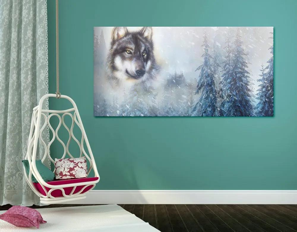 Εικόνα ενός λύκου σε ένα χιονισμένο τοπίο - 120x60