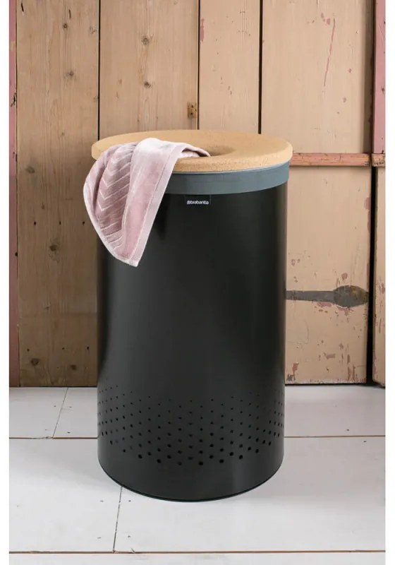 Καλάθι πλυντηρίου Brabantia 1000826, 60 l, Καπάκι από φελλό, Πλήρωση χωρίς άνοιγμα, οπές εξαερισμού, Μαύρο