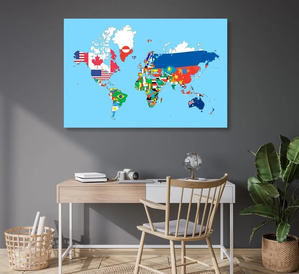 Εικόνα στον παγκόσμιο χάρτη φελλού με σημαίες - 120x80  wooden