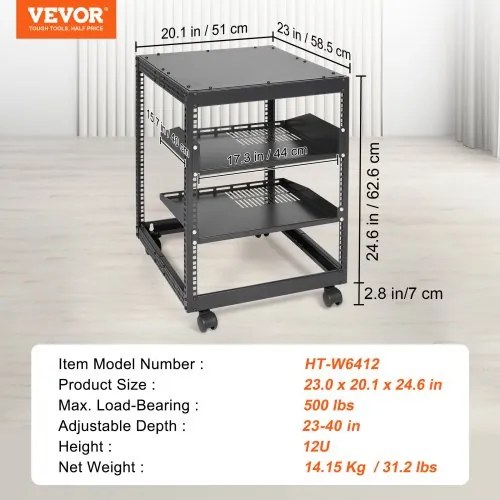 VEVOR 12U Open Frame Server Rack, 15&#039;&#039;-40&#039;&#039; Adjustable Depth, Free Standing or Wall Mount Network Server Rack, 4 Post AV Rack with Casters, Holds All Your Networking IT Equipment AV Gear Router Modem