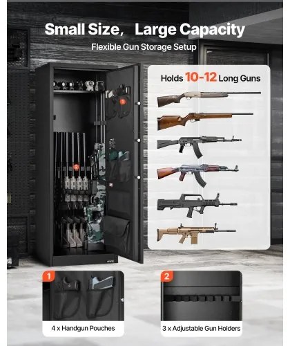 VEVOR 10-12 Gun Safe, Long Gun Cabinet for Rifles and Pistols, Quick Access Fireproof Rifle Safe with 4 Pistol Pockets and 3 Adjustable Racks, Large Digital Cabinet with Key and Password Lock