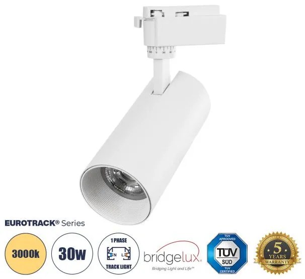 60814 Μονοφασικό Bridgelux COB LED Λευκό Φωτιστικό Σποτ Ράγας 30W 230V 3600lm 30° Θερμό Λευκό 3000k Globostar 60814 Λευκό