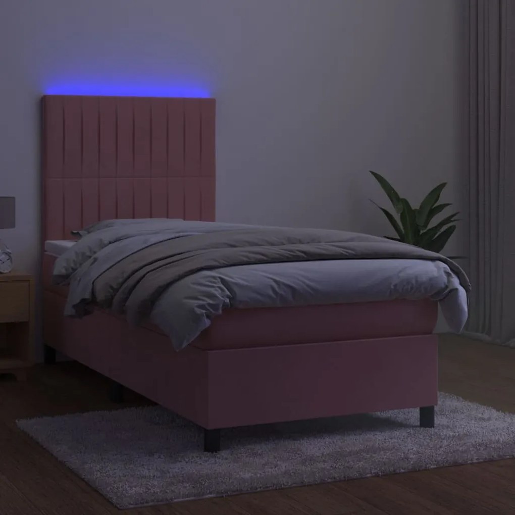 vidaXL Κρεβάτι Boxspring με Στρώμα & LED Ροζ 90x200 εκ. Βελούδινο