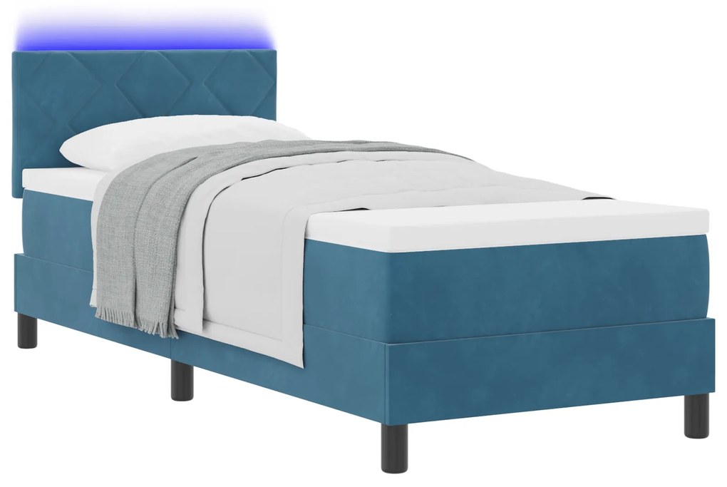 vidaXL Κρεβάτι Box Spring με Στρώμα & LED Σκούρο Μπλε 80x200 εκ Βελούδο