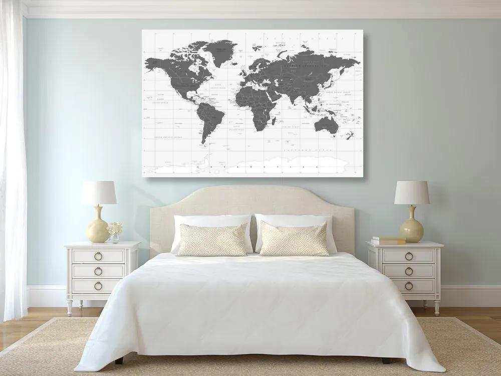 Εικόνα στο φελλό ενός πολιτικού χάρτη του κόσμου σε μαύρο & άσπρο - 120x80  peg