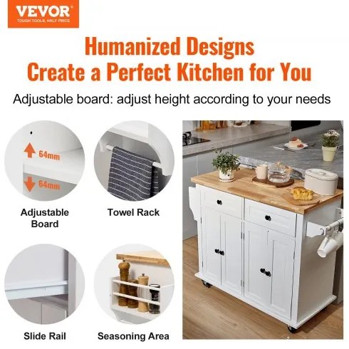 VEVOR Kitchen Island Cart with Solid Wood Top, 35.4" Width Mobile Carts with Storage Cabinet, Rolling Kitchen Table with Spice Rack, Towel Rack, and Drawer, Portable Islands on Wheels, White