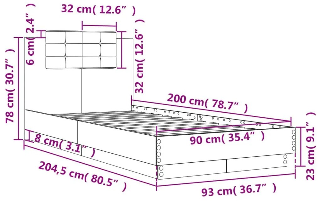 Πλαίσιο Κρεβατιού με Κεφαλάρι Καφέ Δρυς 90x200 εκ. Επεξ. Ξύλο - Καφέ