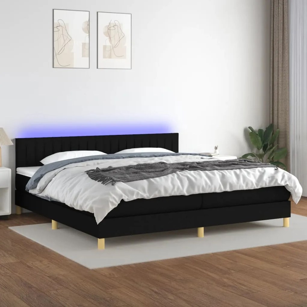 Κρεβάτι Boxspring με Στρώμα &amp; LED Μαύρο 200x200 εκ. Υφασμάτινο