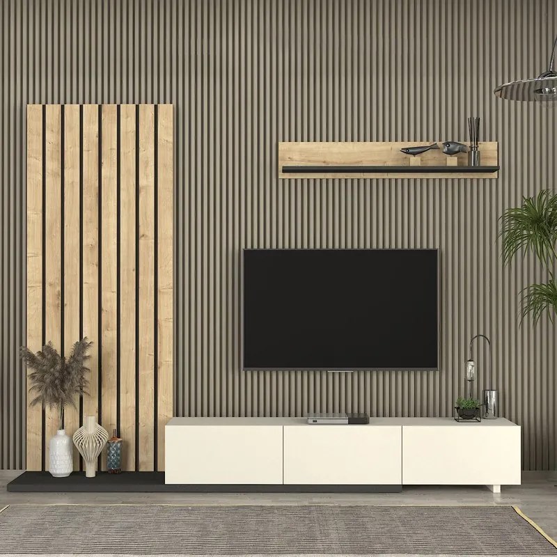 Megapap Σύνθεση Τηλεόρασης Nagini Ivory - Sapphire Oak - Ανθρακί 260x39,4x203,6εκ.