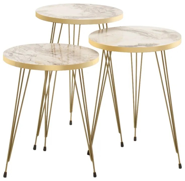 Βοηθητικά τραπέζια σαλονιού Buena pakoworld σετ 3τεμ λευκό μαρμάρου-χρυσό - Μέταλλο - 120-000242