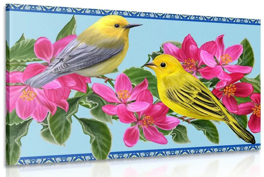 Εικόνα πουλιά και λουλούδια σε vintage σχέδιο - 120x80