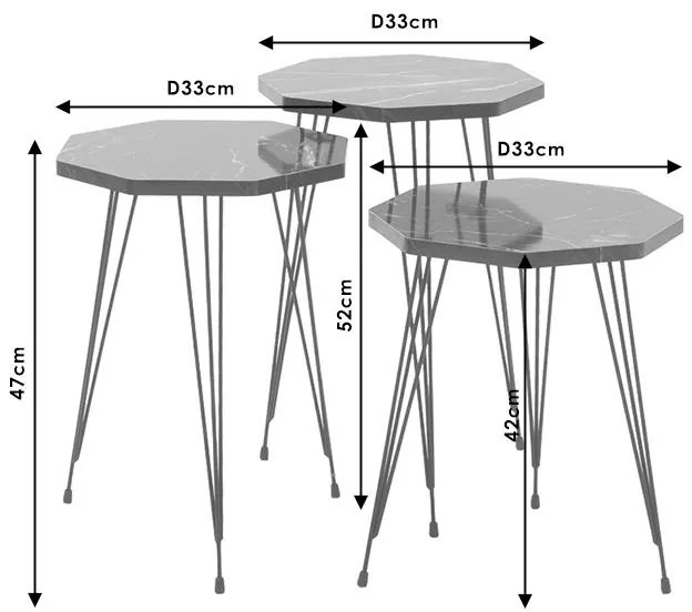 Βοηθητικά τραπέζια σαλονιού Buena σετ 3τεμ μαύρο μαρμάρου-μαύρο 33x33x52 εκ.
