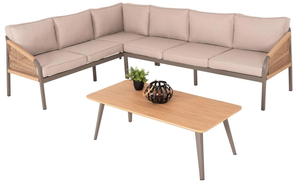 Σετ Κήπου Καναπές Γωνία MAERLY Σαμπανί Αλουμινίου με Μπέζ Σχοινί &amp; Τραπέζι Polywood