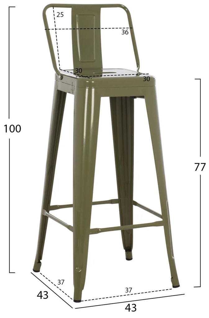 Σκαμπό μπάρ με πλάτη Melita-Pro Μεταλλικό Dark Olive Green 42x42x100Υ εκ. 42x42x100 εκ.