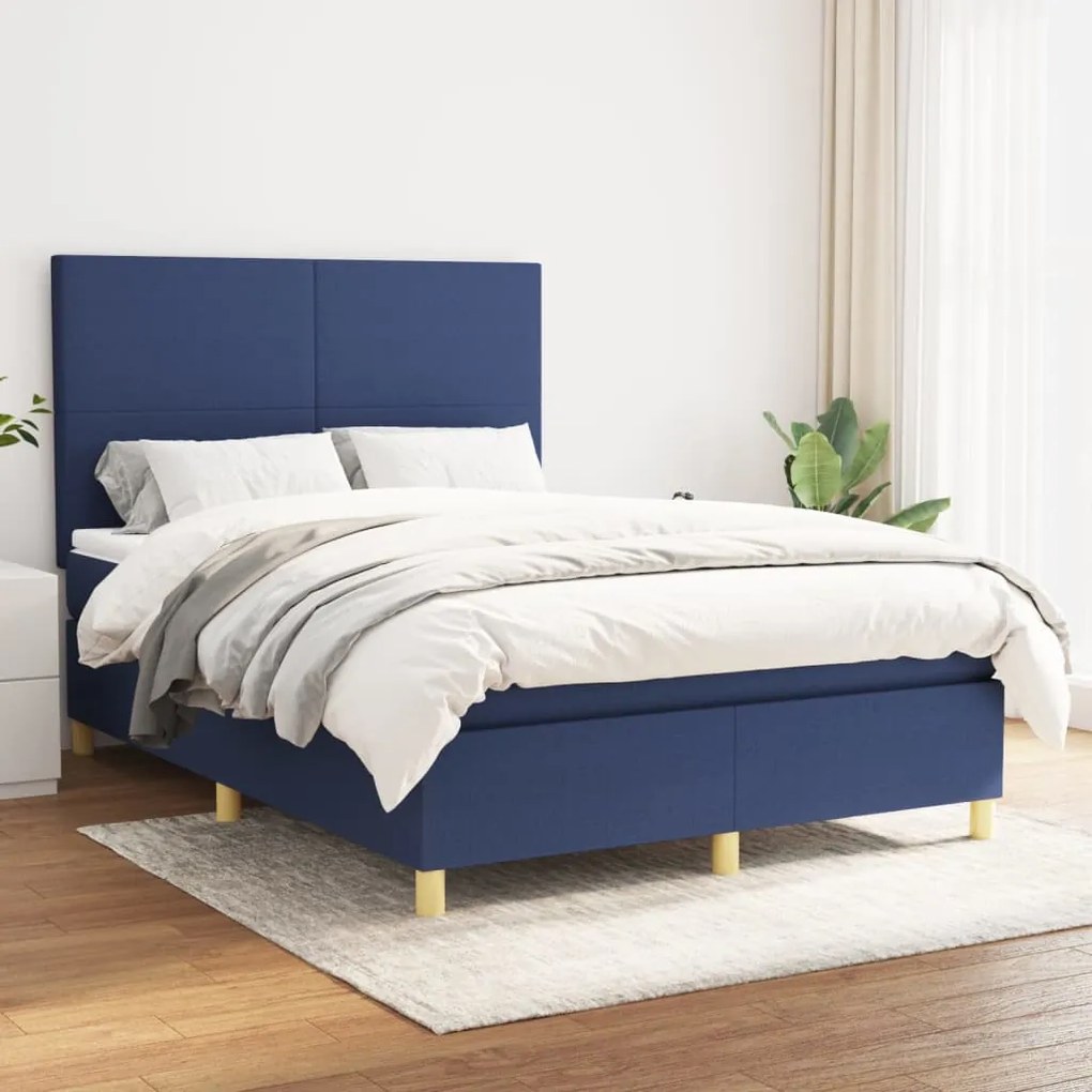 Κρεβάτι Boxspring με Στρώμα Μπλε 140x190 εκ. Υφασμάτινο