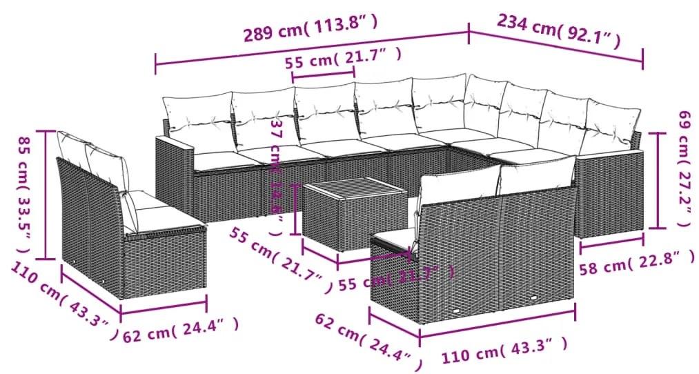 vidaXL Σαλόνι Κήπου 13 τεμ. Μαύρο από Συνθ. Ρατάν με Μαξιλάρια