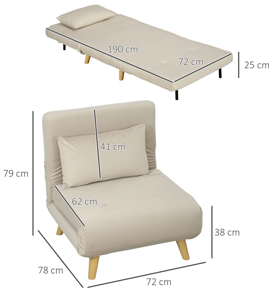 HOMCOM Πολυθρόνα-κρεβάτι με αναδιπλούμενη λειτουργία, Αναδιπλούμενη πολυθρόνα σε βελούδινη εμφάνιση, Ρυθμιζόμενη πλάτη, έως 120 kg, Μπεζ
