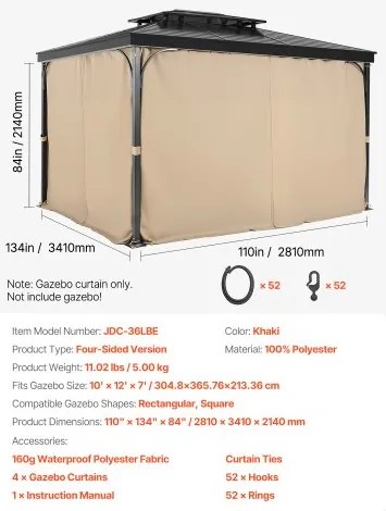 VEVOR Gazebo Privacy Curtain 12&#039; x 10&#039; x 7&#039; Waterproof Gazebo Curtains Khaki