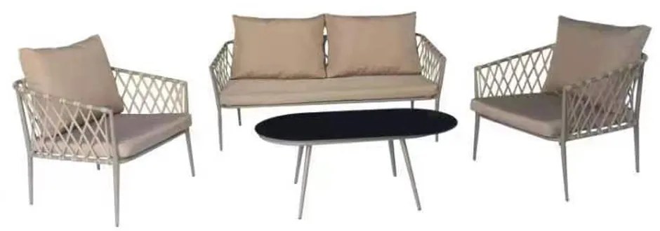 Artekko Rattan Καναπές (160x75x72)cm 2x Πολυθρόνες (76x75x72)cm Τραπέζι με Τζάμι (110x55x42)cm με Πλαστικ Κορδόνι Μεταλλικό Σκελετό Γκρι και Γκρι Μαξιλάρι Σετ/4