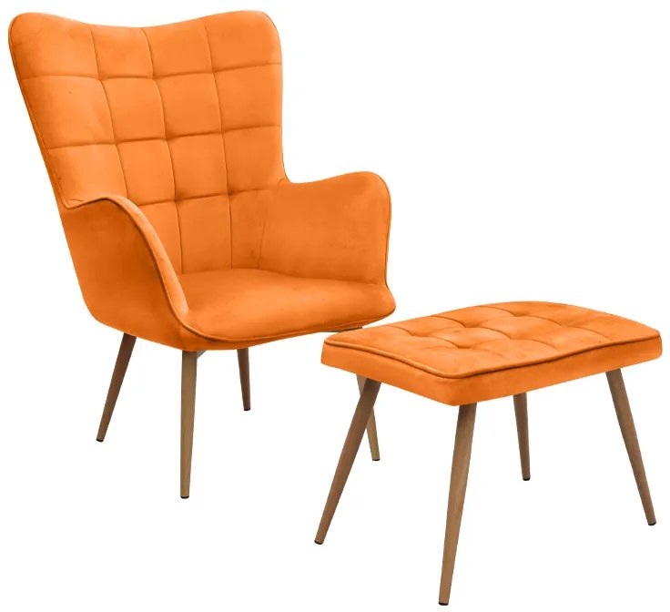 Πολυθρόνα - Μπερζέρα με υποπόδιο Lily Megapap κροκί βελούδο - μεταλλικό πόδι χρώμα φυσικό 70x62x98εκ.