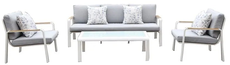 WOODWELL LATINO Set Σαλόνι Κήπου 4τεμ, Αλουμίνιο Άσπρο, Μαξιλάρια Ανοιχτό Γκρι, Γυαλί Άσπρο 2 Πολυθρ+1 Καναπ+1 Τραπεζάκι Ε6872,2