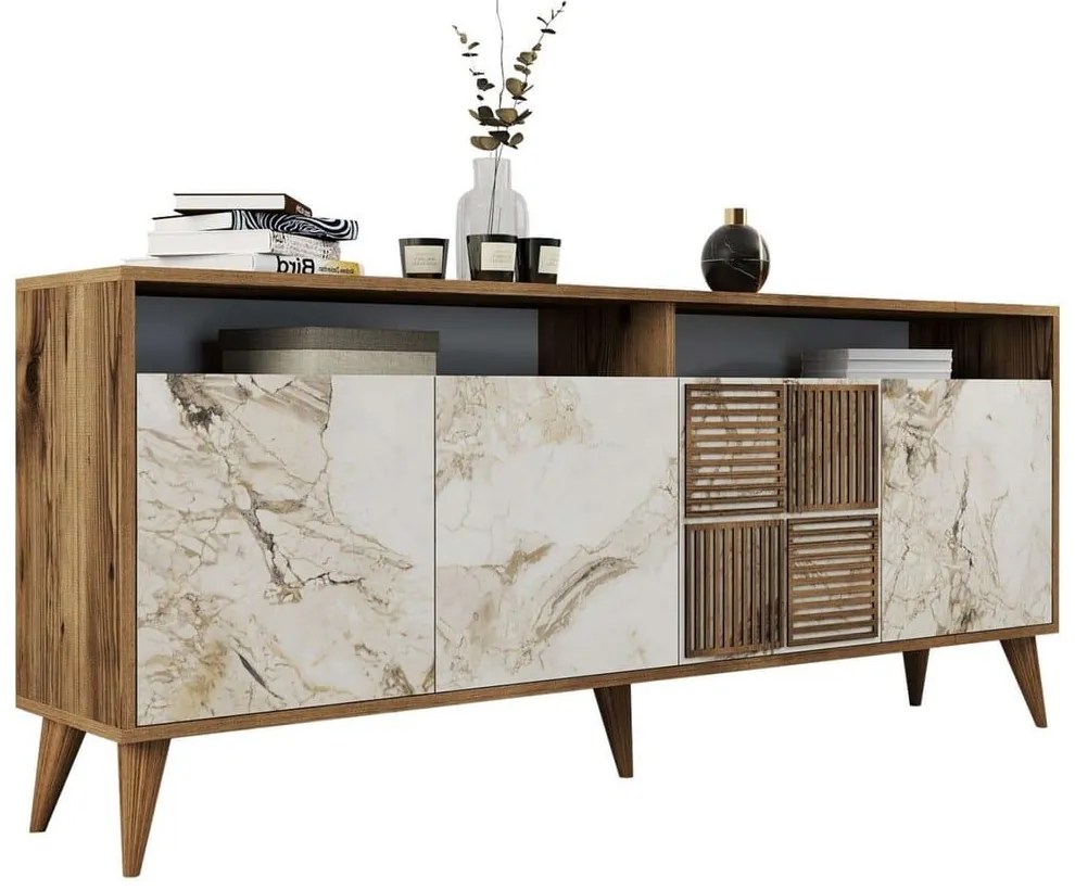 Μπουφές HM9431.03 180x35x786cm Walnut-White-Gold Μελαμίνη