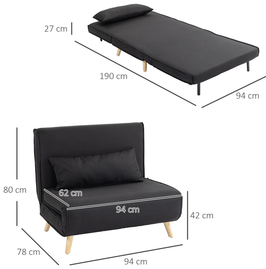 HOMCOM Πολυθρόνα-Κρεβάτι με Λειτουργία Κρεβατιού, για 1 Άτομο, Μοντέρνος Σχεδιασμός, έως 350 kg, 94x78x80cm, Μαύρο