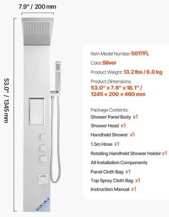 VEVOR Shower Panel Tower System Stainless Steel Column Rainfall Head Massage Jet