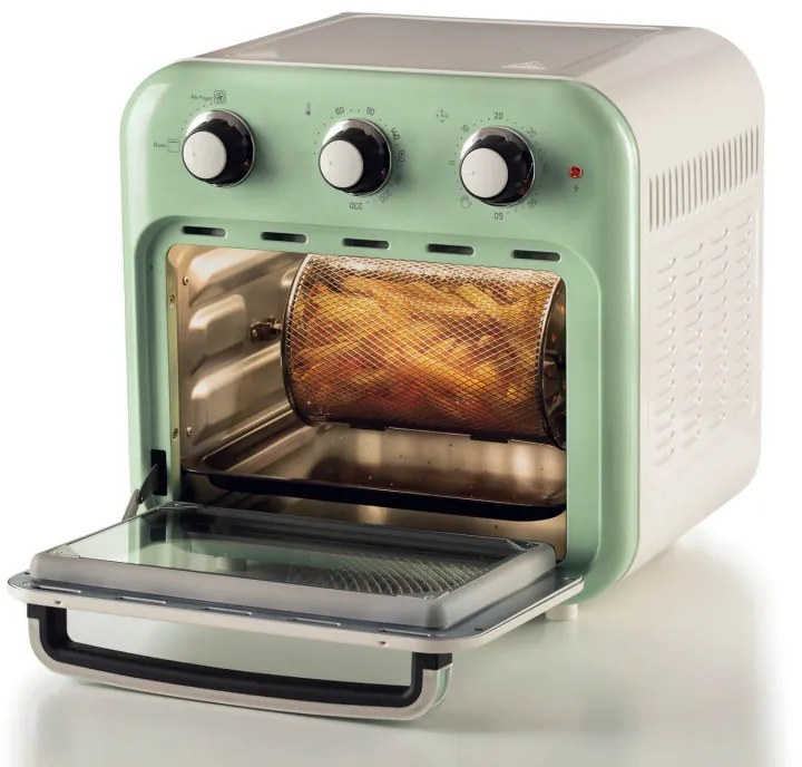 Φριτέζα-φούρνος ζεστού αέρα Ariete VINTAGE 4632/04, 1400W, 16 l, Μέχρι 230C, Χρονοδιακόπτης 60 min, Περιστρεφόμενο καλάθι, Λευκό/Πράσινο