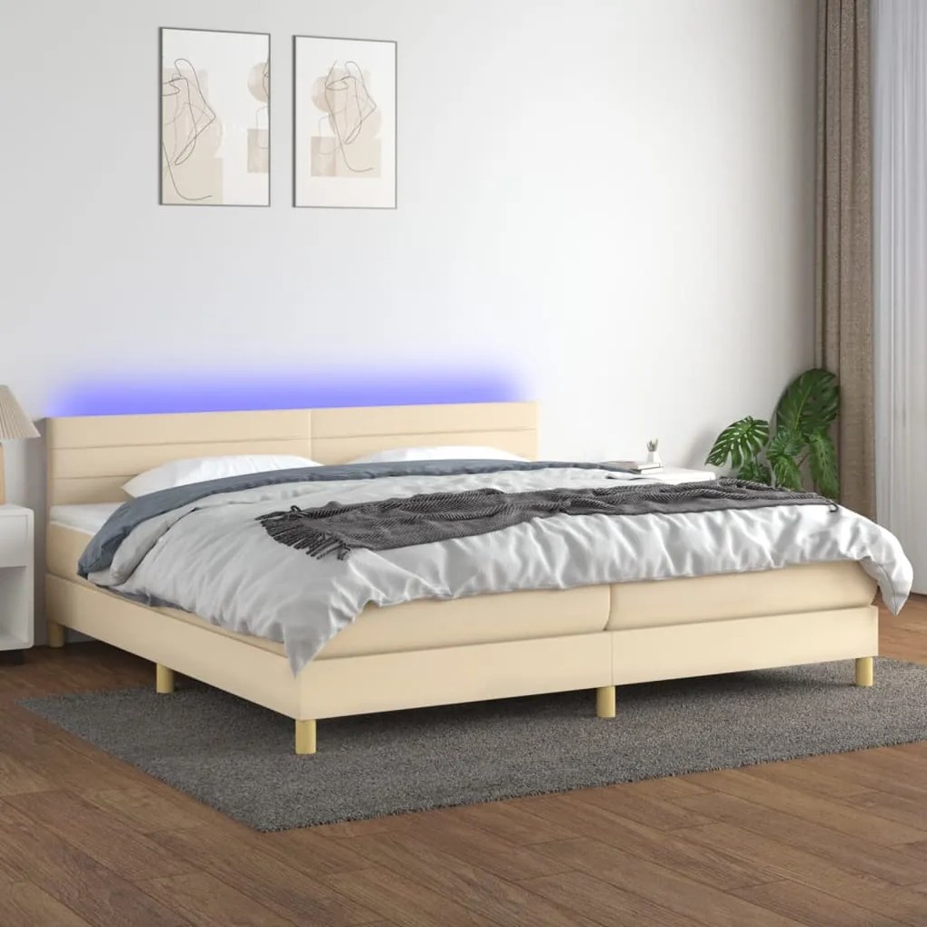 vidaXL Κρεβάτι Boxspring με Στρώμα &amp; LED Κρεμ 200x200 εκ. Υφασμάτινο