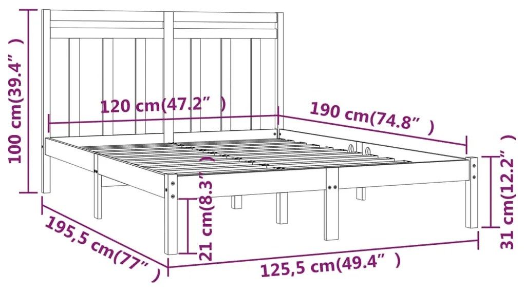 vidaXL Πλαίσιο Κρεβατιού 120 x 190 εκ. από Μασίφ Ξύλο Small Double