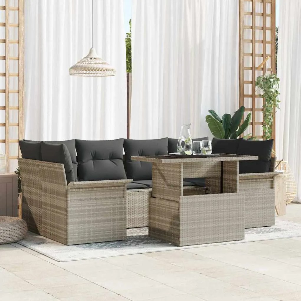 vidaXL Σετ Καναπέ Κήπου με μαξιλάρι 7 pcs Ανοιχτό γκρι Πολυ ράταν
