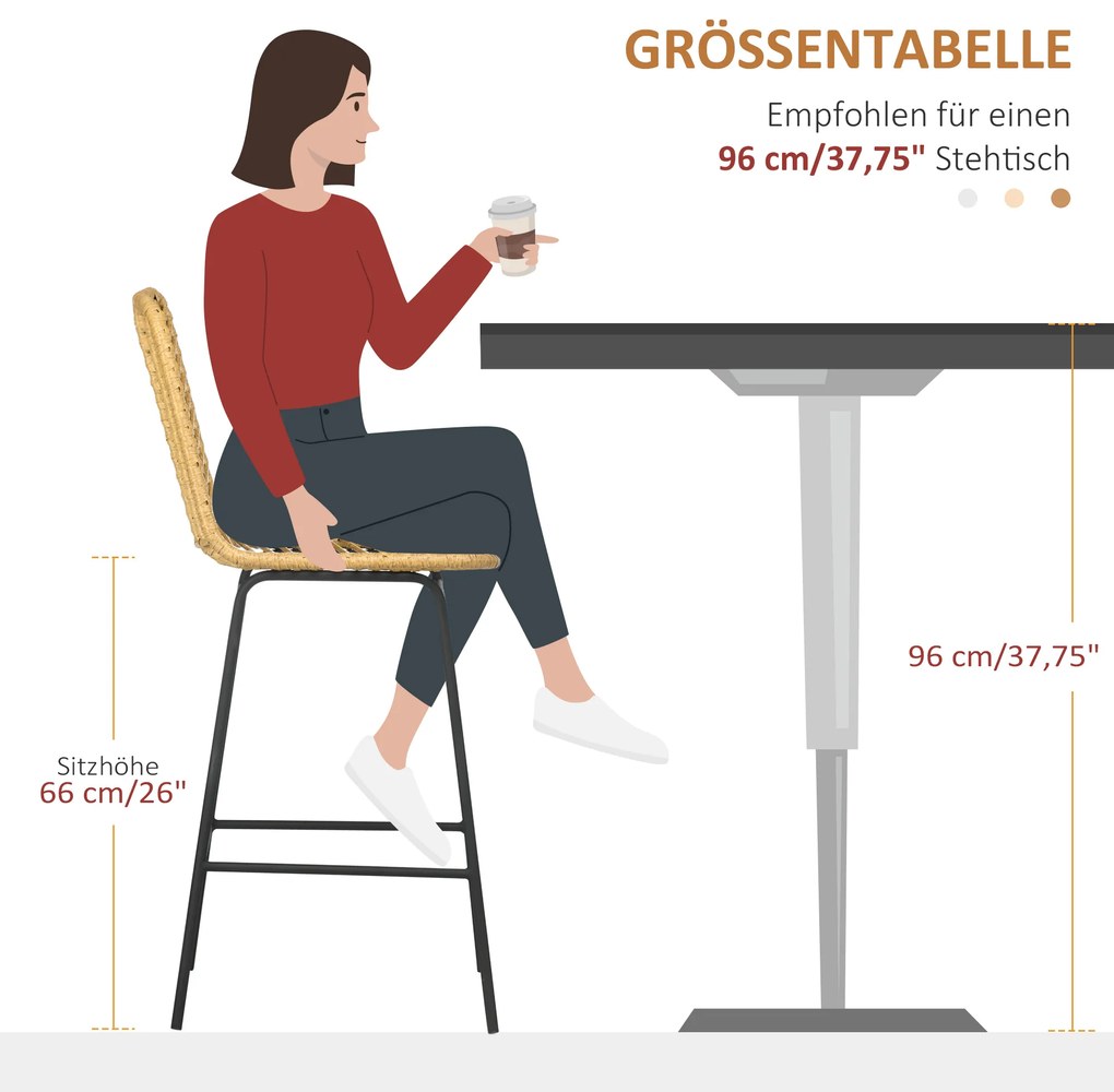 Σετ σκαμπό μπαρ HOMCOM 2 τεμαχίων με πλάτη, σκαμπό μπαρ σε boho σχεδιασμό, PE-Rattan, με υποπόδιο, 42,5 cm x 52 cm x 102 cm, Κίτρινο + Μαύρο