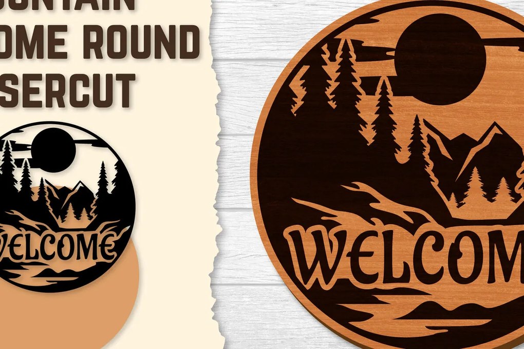 Intra απο ξύλο plywood 3mm-4mm πάχος – Sunset Mountain Welcome Sign Round Laser Δίασταση 40x30 cm INTRAFABR-118569023