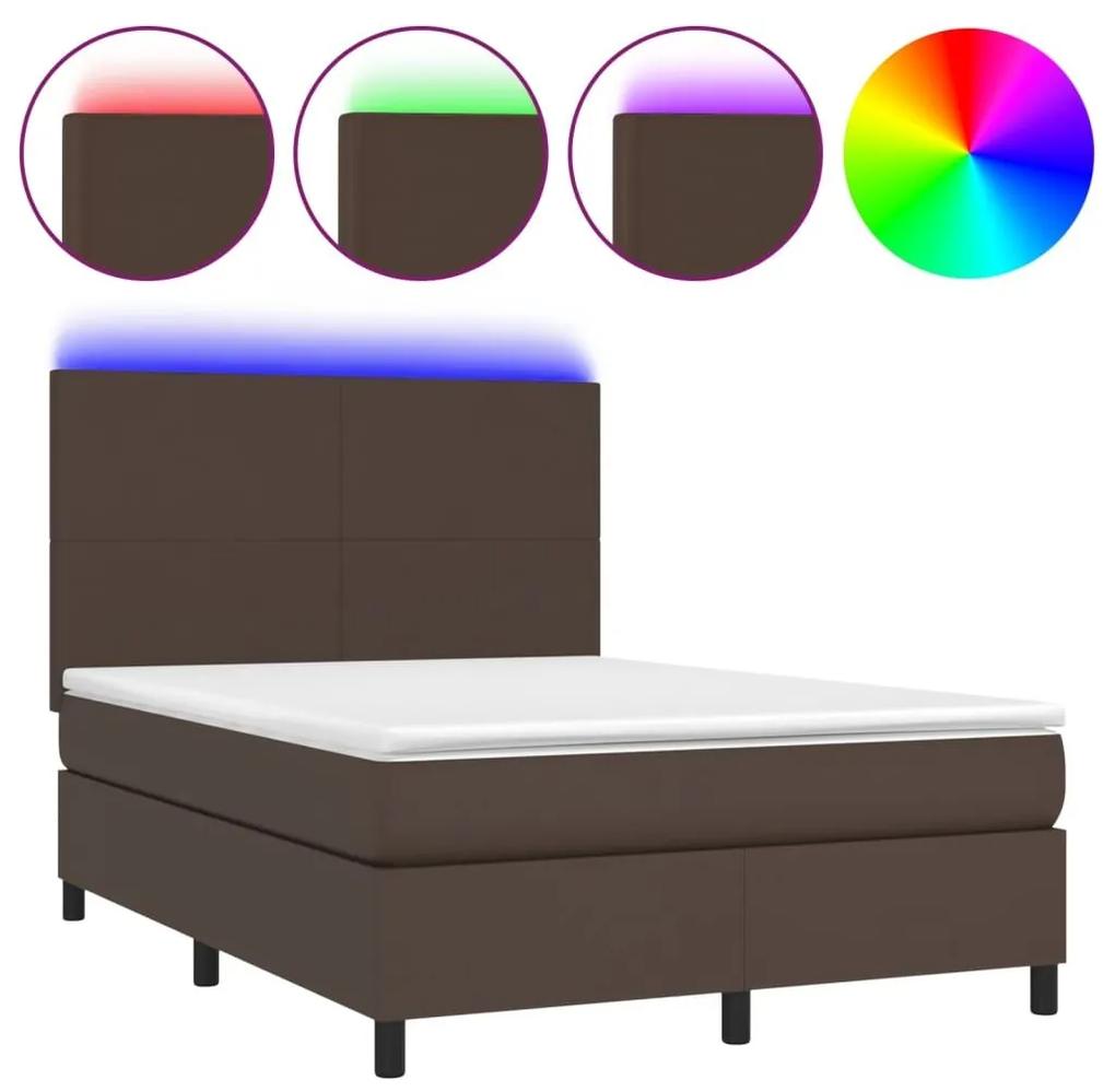 Κρεβάτι Boxspring με Στρώμα &amp; LED Καφέ 140x190 εκ. Συνθ. Δέρμα - Καφέ