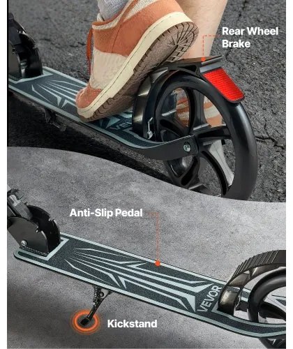 VEVOR Kick Scooter for Kids Ages 8+, Teens &amp; Adults, 2-Wheel Toddler Scooter with Adjustable Height Handlebar, Wide Anti-Slip Deck, Foldable Lightweight Frame for Boys &amp; Girls up to 99.8 kg, Black