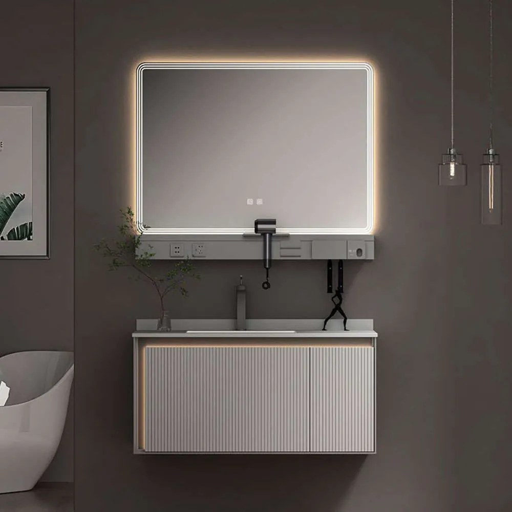 Έπιπλο Μπάνιου Πάγκος Με Νιπτήρα &amp; Καθρέπτη Led Greys 9SGRE100LGR 100x50/100x60cm Light Grey Polywood,Πορσελάνη